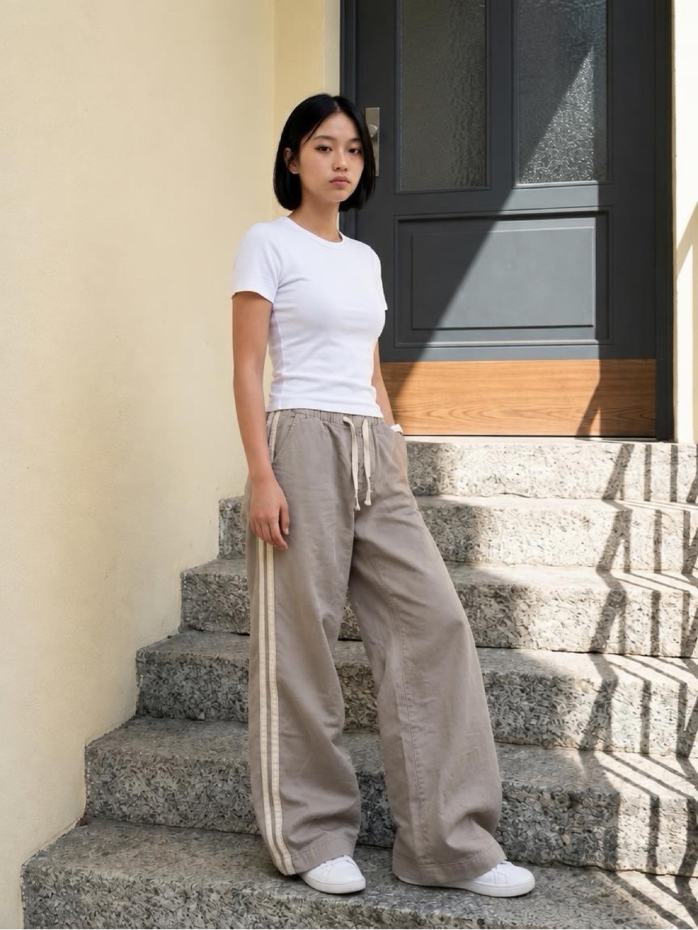 GAP Women’s Wide Leg Track Pull-On Pants Taupe with Beige Side Stripes-Size M